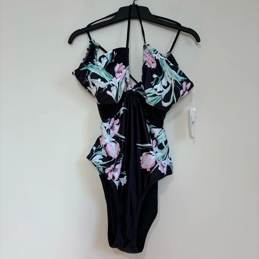 beachsissi Mesh waist adjustable strap pink blue floral black One Piece Swimwear